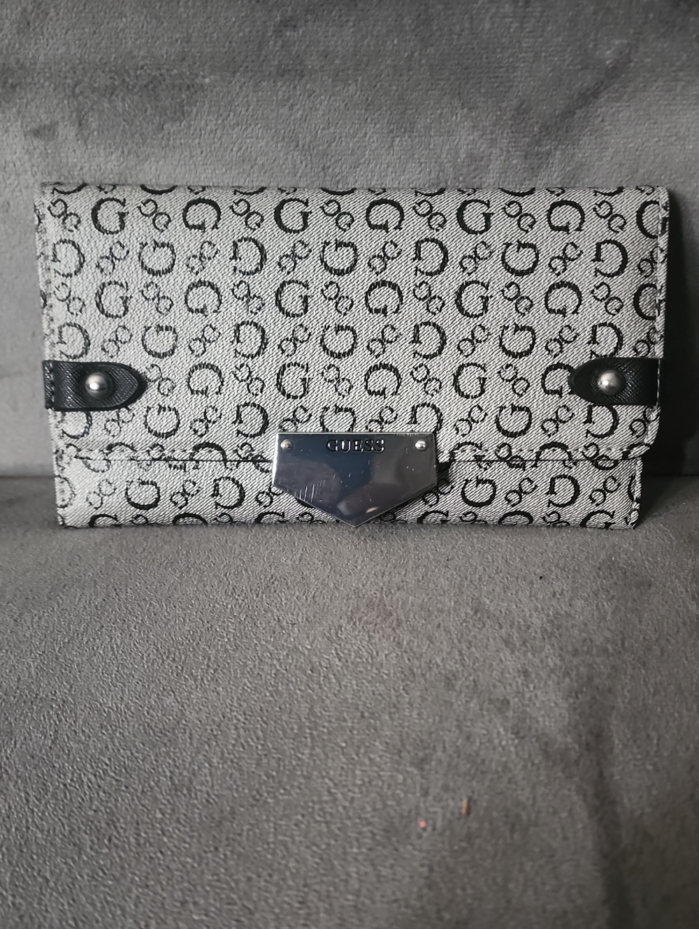 Guess Logo Print Fold-Over Clutch in White and Black